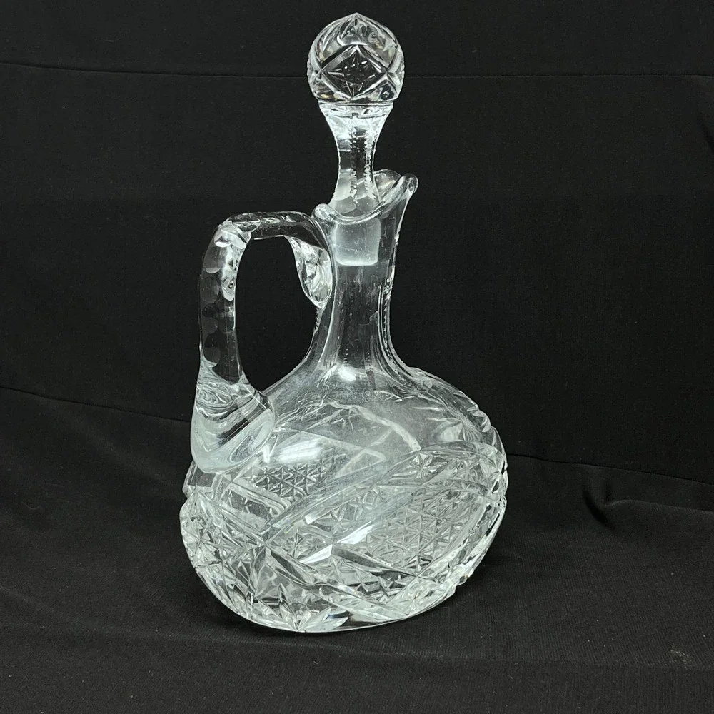 Vintage Cut Glass Handled Cruet‎ Decanter with Stopper Starburst Diamond Pattern